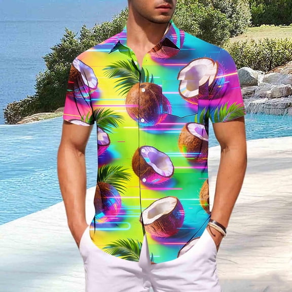 Fnnxeal Mens Tropical Hawaiian Shirt Short Sleeve Button Up, Neon Coconut & Palm Print, Mint Green, Stretch Lightweight for Vacation Beach Party,Size 3XL