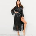 thumbnail image 2 of Lingerie For Women Silk Satin Kimono Robe Bathrobe Belt Pajamas Nightwear Black M, 2 of 7