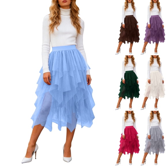 larppty Women's Tulle Skirt High Low Asymmetrical Midi Length Elastic Waist Layered Puffy Tutu Fairy Costume Formal（Dark Green， S）