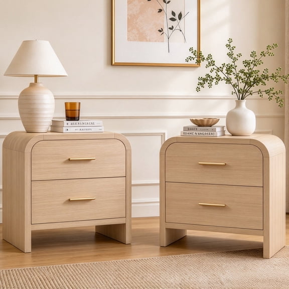 Vintagearth Nightstand Set of 2, 23.42" Wide Modern Bedside Table with 1.18" Thick FSC Certified Wood, 2 Drawer, Oak