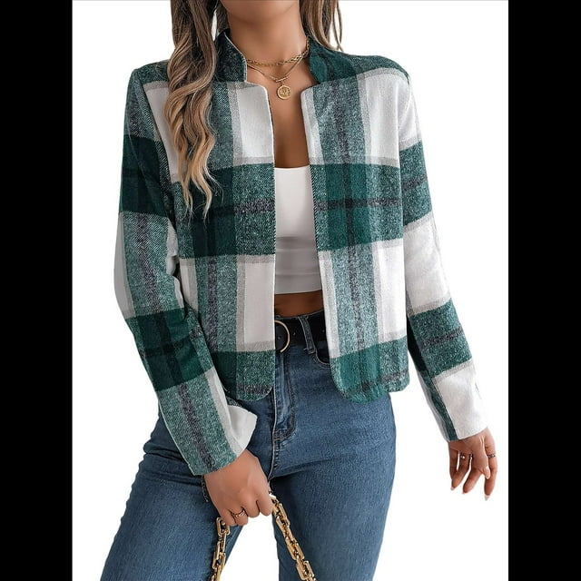 Chaqueta Corta A Cuadros para Mujer, Camisas de Larga con Botones y Tops Verde M
