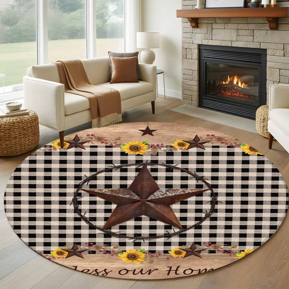 Star Country Round Rug 5ft Washable Circle Kitchen Rugs Non Slip Farmhouse Sunflower Texas Retro Checkered Large Area Rug Indoor Floor Carpet for Bedroom Living Room Home Office Dining Room Nursery