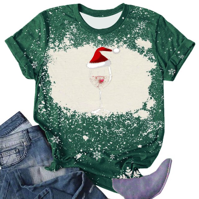 Puntoco Camiseta de manga corta con cuello redondo y estampado navideño a la moda para mujer