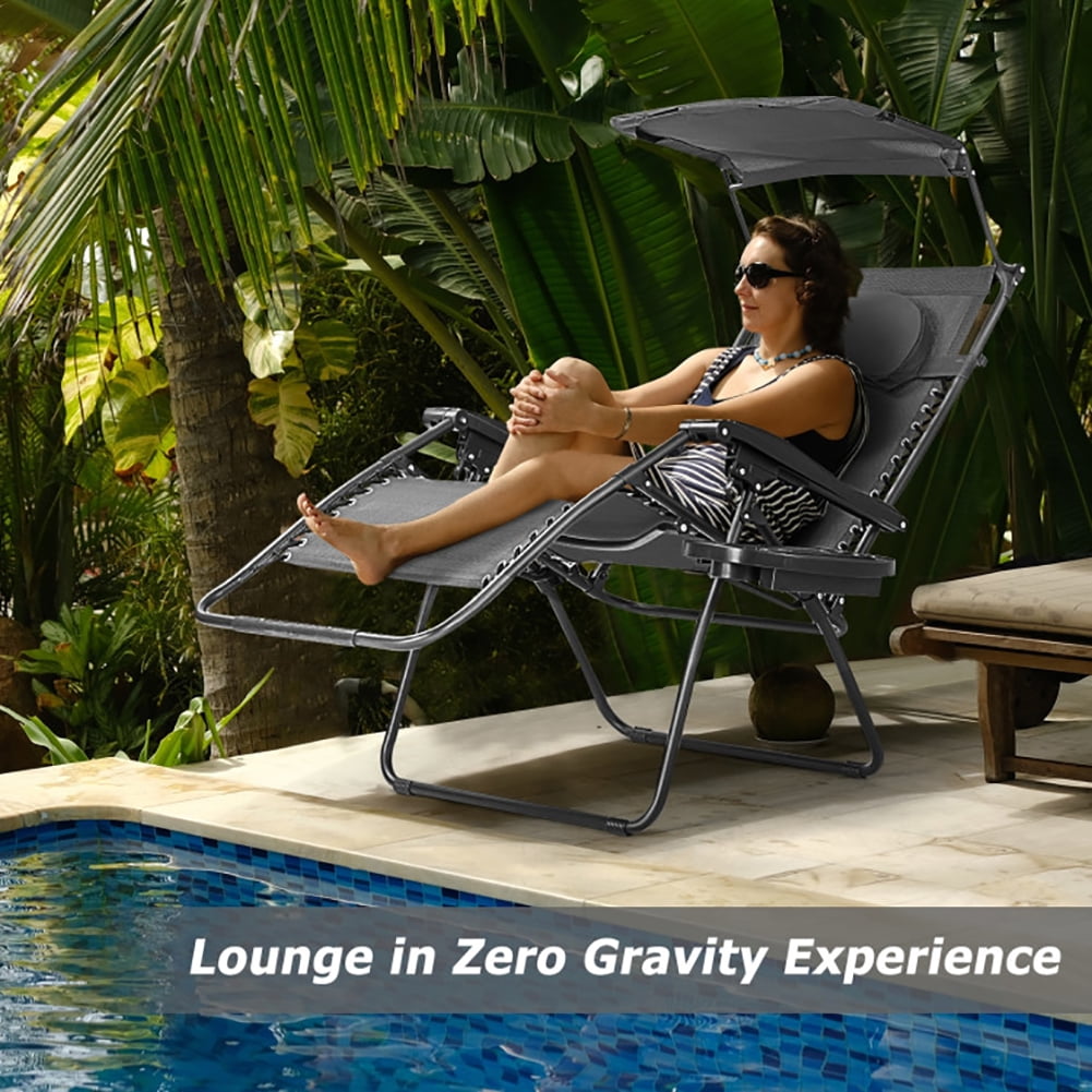 Aimee Lii Folding Recliner Lounge Chair with Shade Canopy Cup Holder, Outdoor Patio Furniture, Black