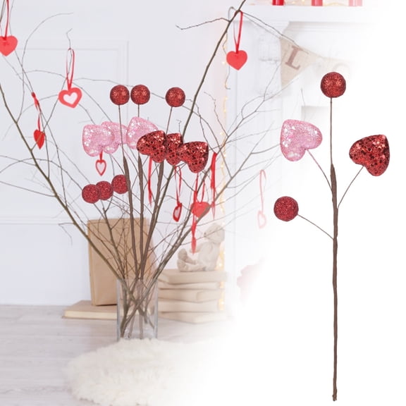 Junepar 12" Valentines Day Decorations Artificial Flowers Glitter Berry Stems Heart Shaped Berry Picks for Wedding Propose Anniversary Vase DIY Home Decor