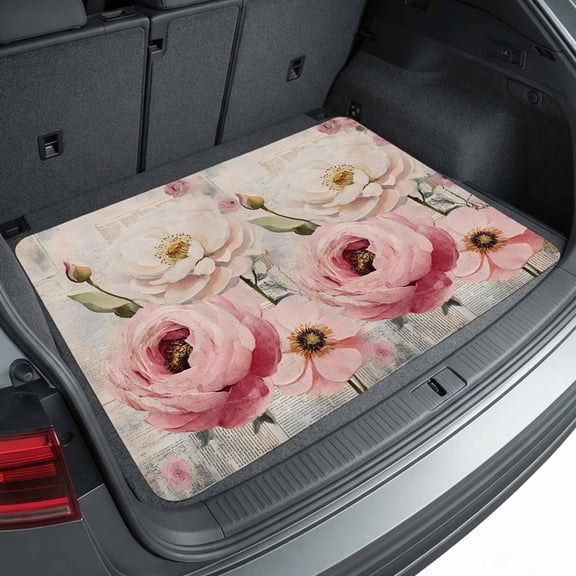 Universal Car Trunk Mat 29"x39", Pink White Spring Floral Waterproof Cargo Liner, Non-Slip Durability Cargo Mat, Vintage Flowers Watercolor All Weather Rear Trunk Protector for Car SUV