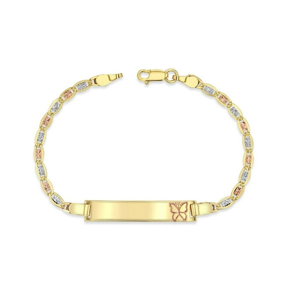 14K Tri-Color (Yellow, White, Rose) Gold 3mm Chain Baby ID Bracelet with Rose Gold Butterfly
