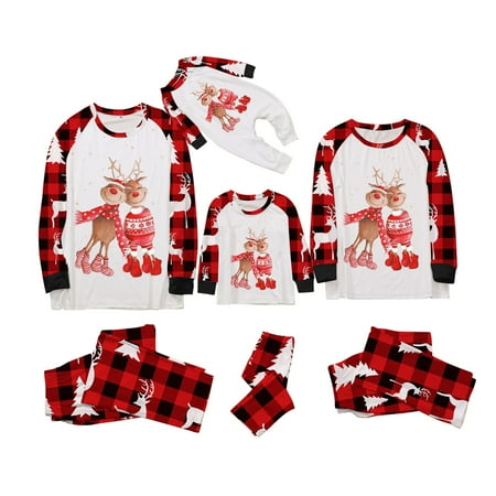 

Christmas Family PJs Matching Sets Long Sleeve Reindeer Tee and Plaid Pants