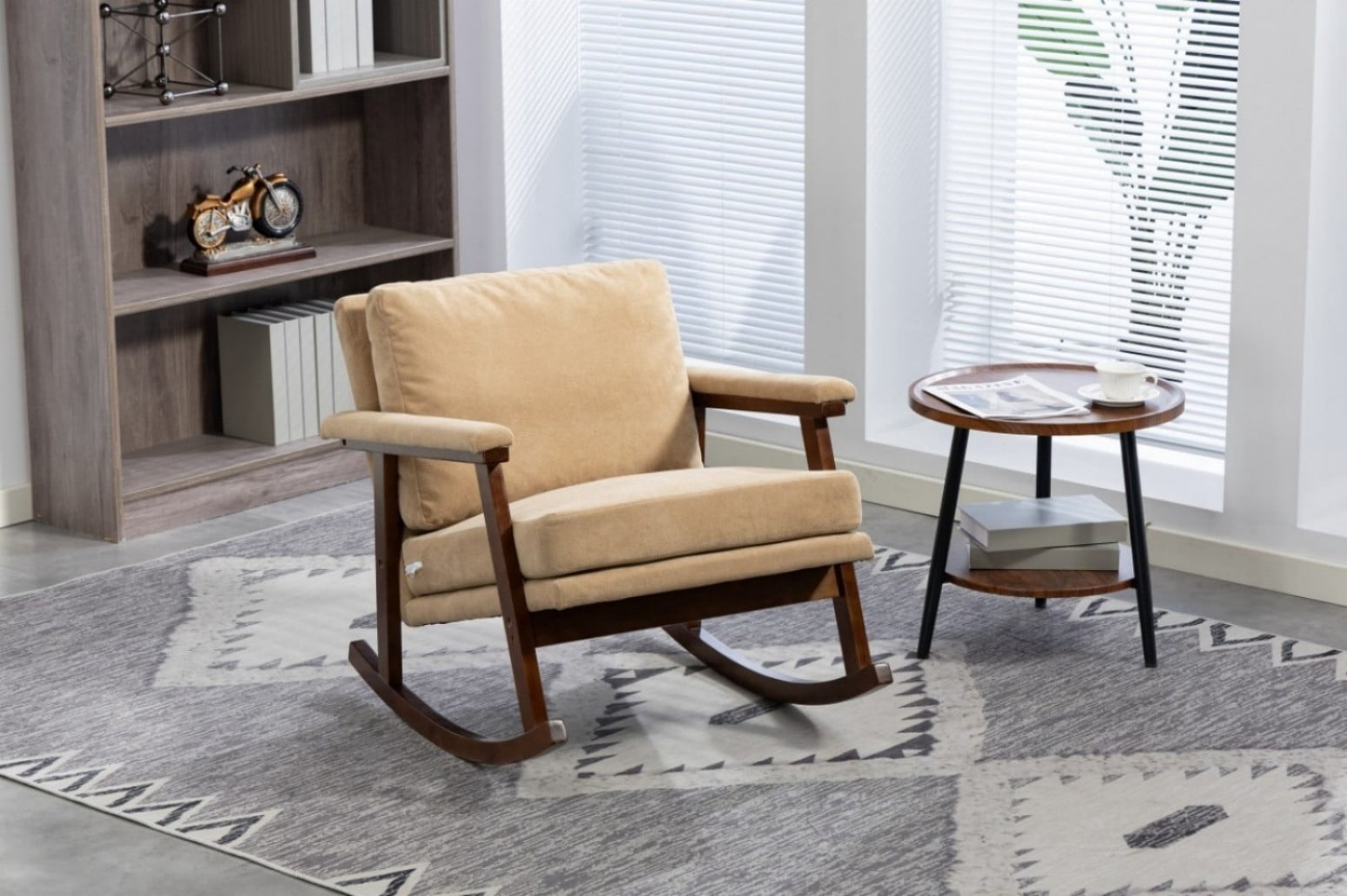 Mid-Century Modern Rocking Accent Chair with Wood Frame, Upholstered Reading Armchair with Waist Cushion, High-Density Foam Lounge Chair for Living Room, Bedroom, Sunroom, Khaki