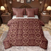 jejeloiu Rustic Victorian Floral 7-Piece Bedding Comforter Set,Red Beige King Bedding Sets For Girls Teens Reversible