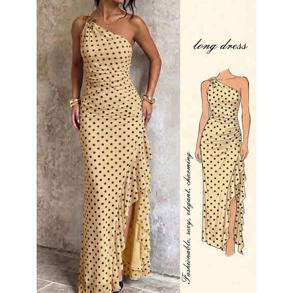 Womens Yellow Polka Dot One Shoulder Long Dress, Ruffle Hem Slit
