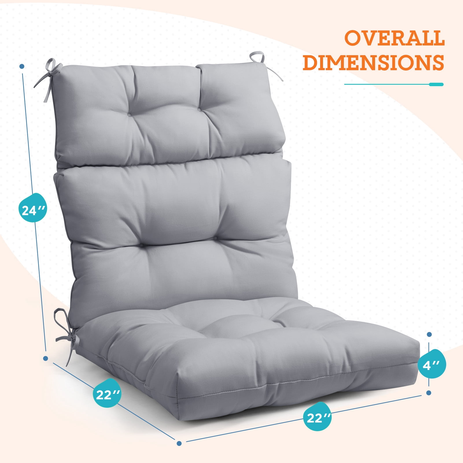 EAGLE PEAK Tufted Outdoor/Indoor High Back Patio Chair Cushion, Set of 2, 46'' x 22'', Light Gray