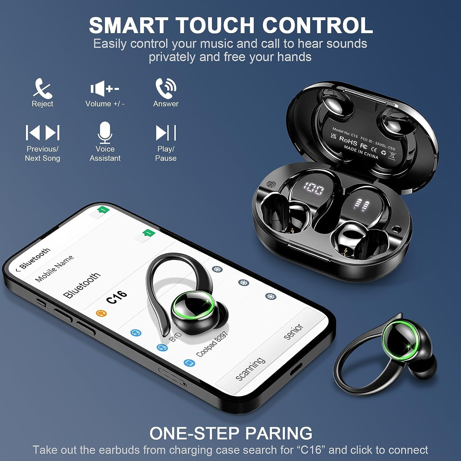 MFLEL Earbuds for Google Pixel 6a Bluetooth 5.3 Headphones 3D Stereo with Earhook, 40H Touch Control Over Ear Headphones, IP7 Waterproof Earphones Built-in Mic