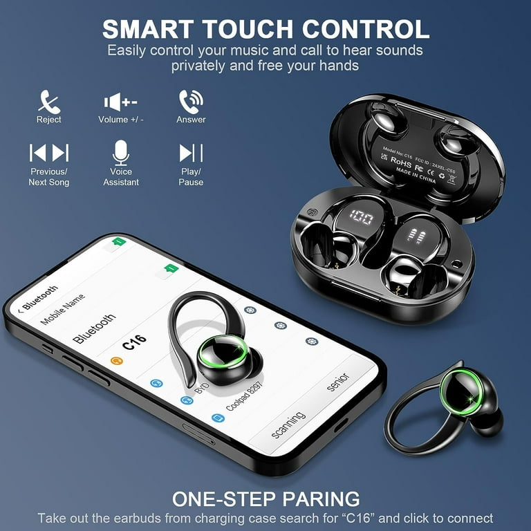 for iPhone X Xr Xs Max Wireless Earbud Bluetooth 5.3 Headphones 3D Stereo with Earhook 40H Touch Control Over Ear Headphones IP7 Waterproof Earphones Built in Mic Walmart
