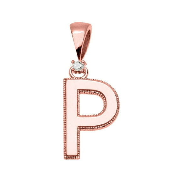 ROSE GOLD HIGH POLISH MILGRAIN SOLITAIRE DIAMOND "P" INITIAL PENDANT NECKLACE : 14K Pendant only