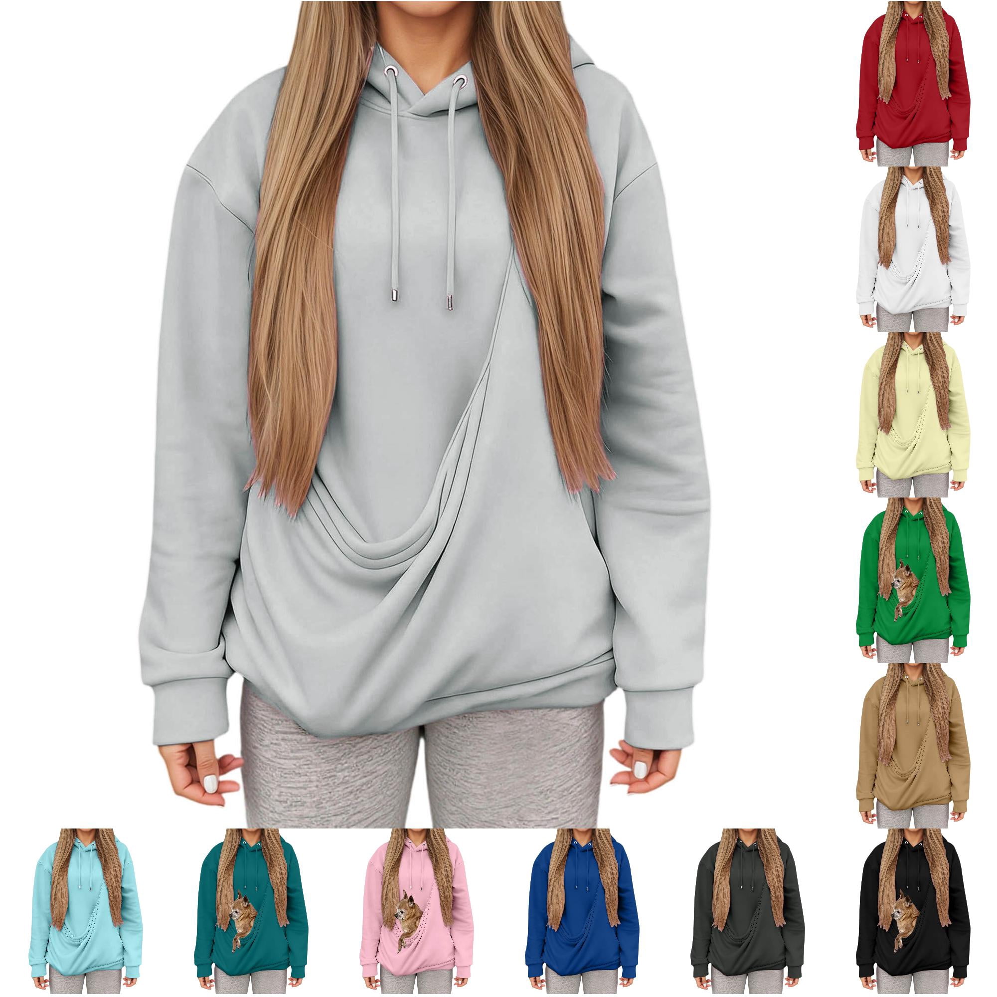 Xijirk Women s Oversized Hooded Pullover Sweatshirt Soft Long Sleeve Hoodie with Large Pet Holding Front Pouch Drawstring Hood Relaxed Fit for Pet Owner Novelty Daily Casual Wear Light Gray XXL