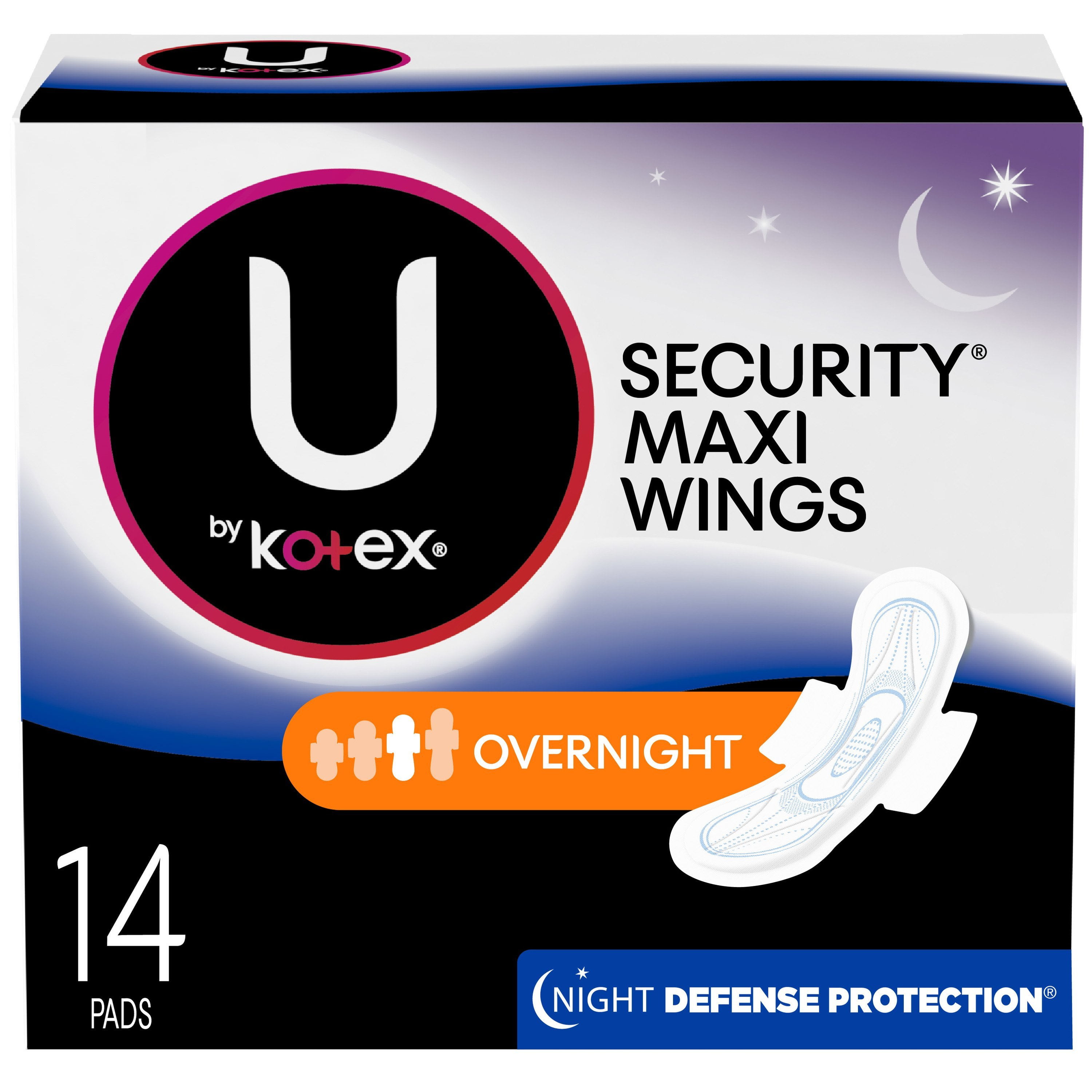 U by Kotex Security Maxi Pad with Wings, Overnight, Unscented, 14 Count