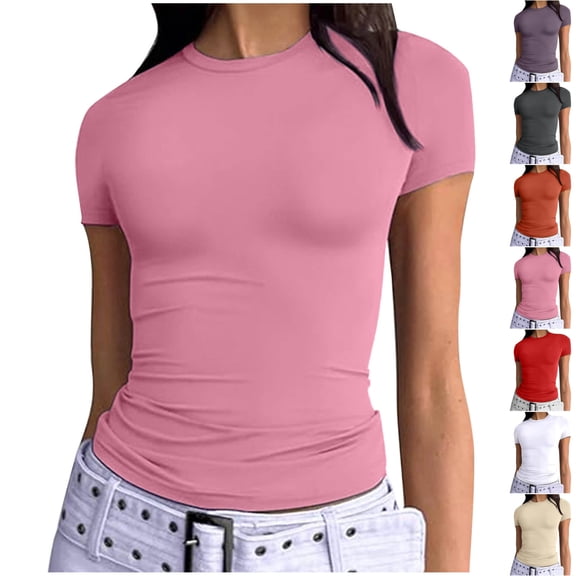 Lonomox Women's Solid Color Crew Neck Short Sleeve Slim Fit Basic Tops Casual Trendy T Shirts