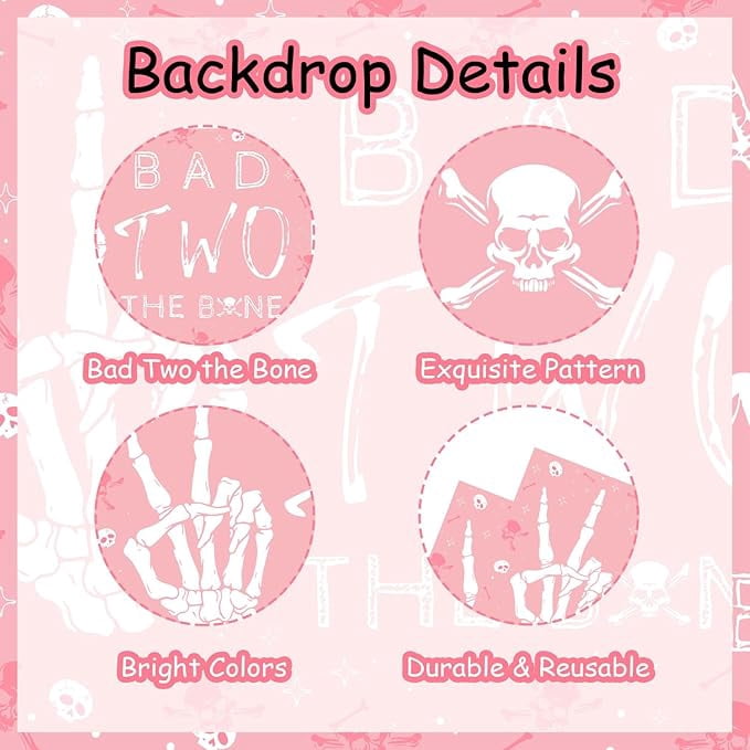 78Pcs Bad Two the Bone 2nd Birthday Party Decorations for Girls Pink Balloon Garland Arch Kit with Skull Bone Backdrop, Rock N Roll Music Theme 90s Second Birthday Party Decor