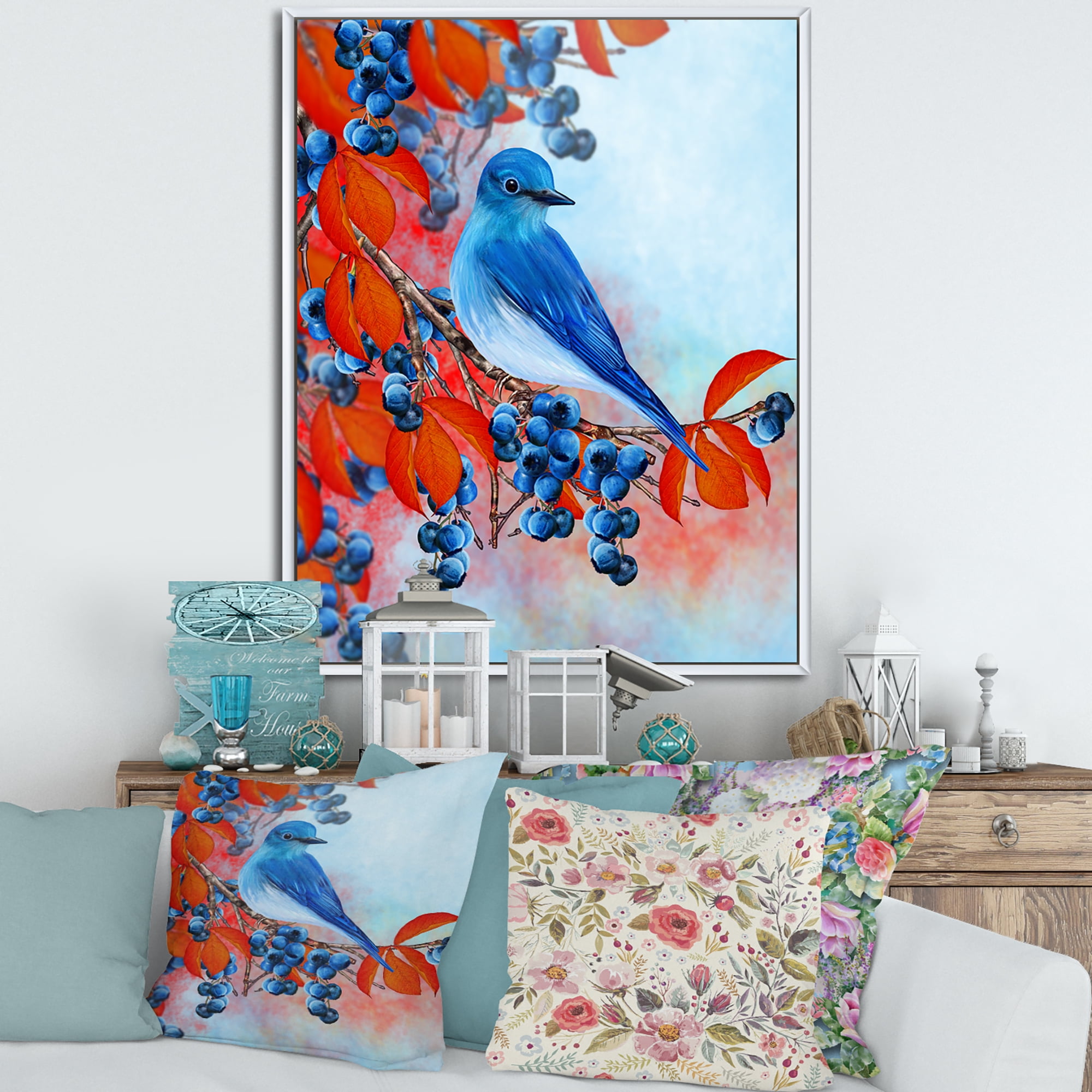 Designart 'Bright Bird Bullfinch Sitting On A Branch of Berries III' Traditional Framed Canvas Wall Art Print