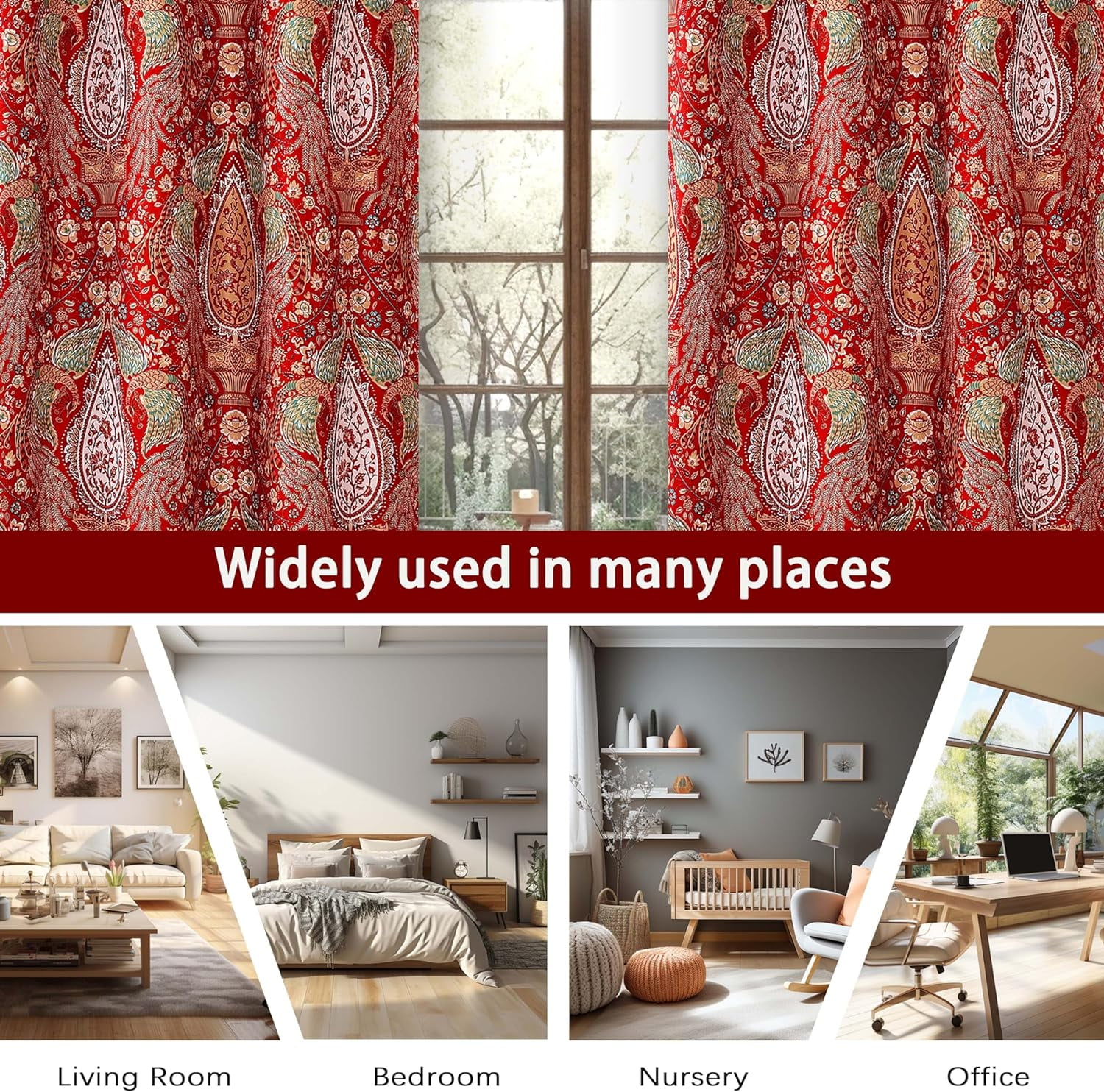 DriftAway Christopher Peacock Floral Pattern Energy Saving Thermal Insulated Blackout Window Curtain Grommet 2 Layers 2 Panels 52 Inch by 84 Inch Red