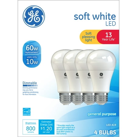 

GE LED Light Bulbs 10 Watt (60 Watt Equivalent) Soft White Standard Bulb Shape Medium Base Dimmable (4 Pack)