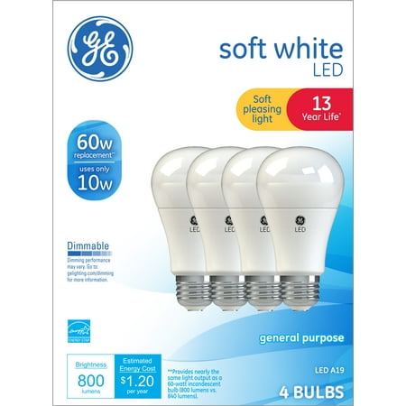 GE LED 10W Soft White General Purpose, A19 Medium Base, Dimmable, 4pk Light