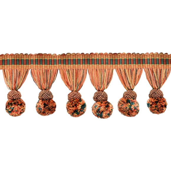 3" (7.5cm) long Marrakesh Collection Pompom Tassel Fringe Trim with Fancy Woven Gimp header (Style# PPFRW), Sedona Orange Multicolor #VL02 (Red Orange, Light Orange, Forest Green) 12 Yards (36 ft/11m)