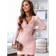 thumbnail image 5 of Womens Cute Henley Long Sleeve Knit Stretchable Slim Sweater Bodycon Mini Sweater Dress with Pockets Pink L, 5 of 8