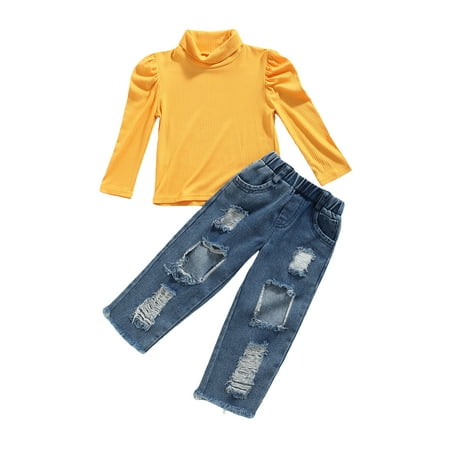 

JBEELATE 2pcs Autumn Infant Kids Girls Clothes Sets 2-7Y Solid Knit Long Sleeve Turtleneck Tops Denim Hole Pants