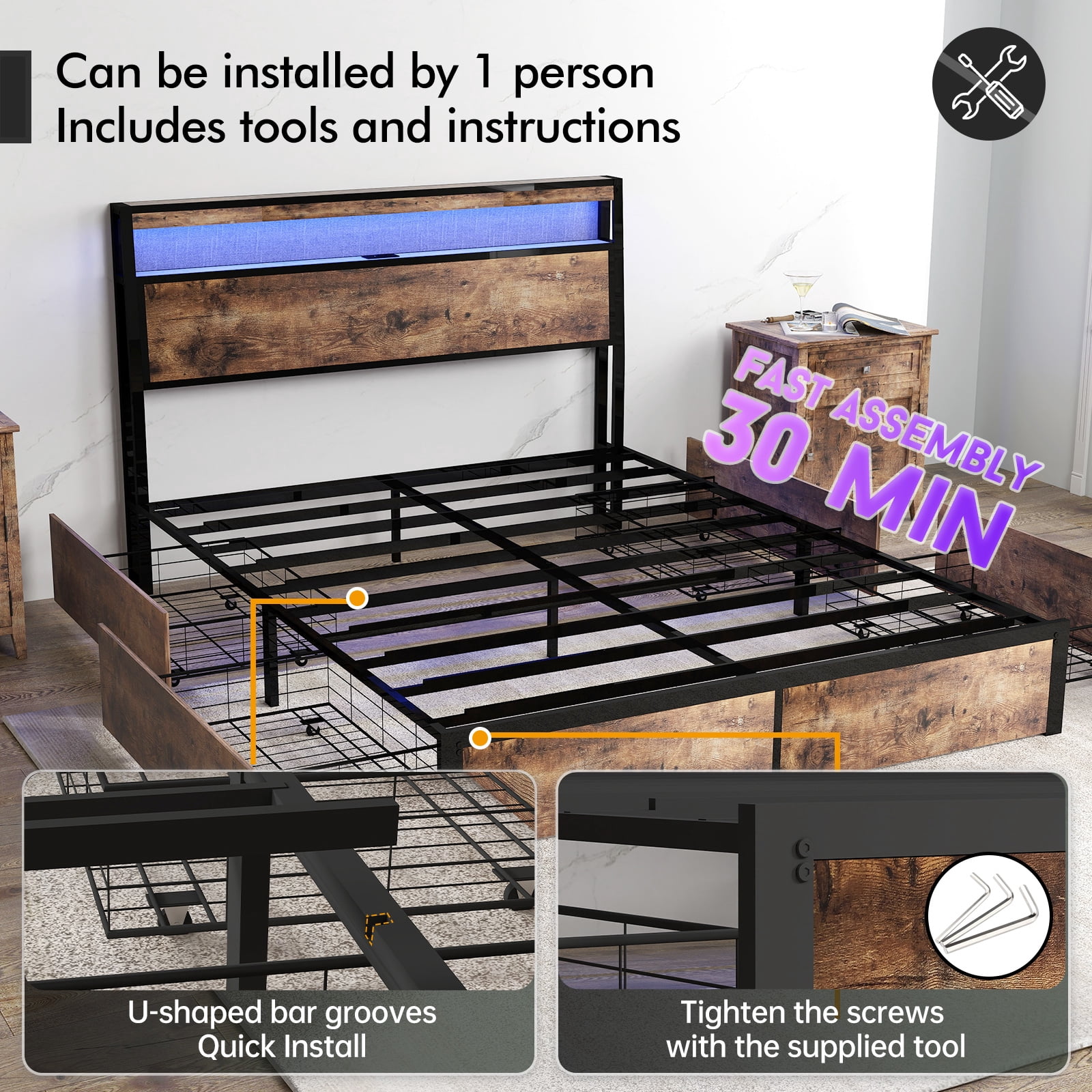 DRNANLIT Full Bed Frame with Storage Headboard and 4 Drawers, Metal Platform Bed Frame with LED Light, Charging Station, No Box Spring Needed, Easy Assembly, Vintage Brown