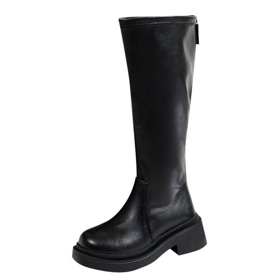 Xfvqtps Retro Womens Fashion Boots Knee High Leather Flatform Boots Winter Chunky Heel Tall Boots with Back Zipper Versatile Streetwear Daily Boots Black