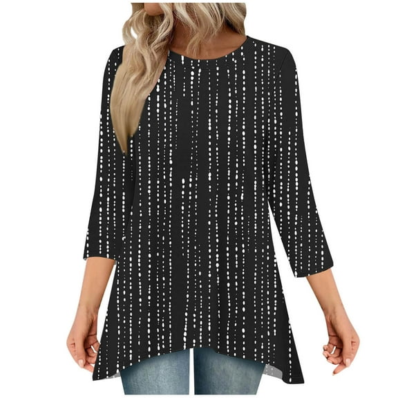 Womens Tunic Top 3/4 Long Sleeve Tunics for Women Plus Size Round Neck Longline Tops for Leggings Ladies Swing T Shirt Casual Loose Stretch Comfortable Blouses Shirts Black S