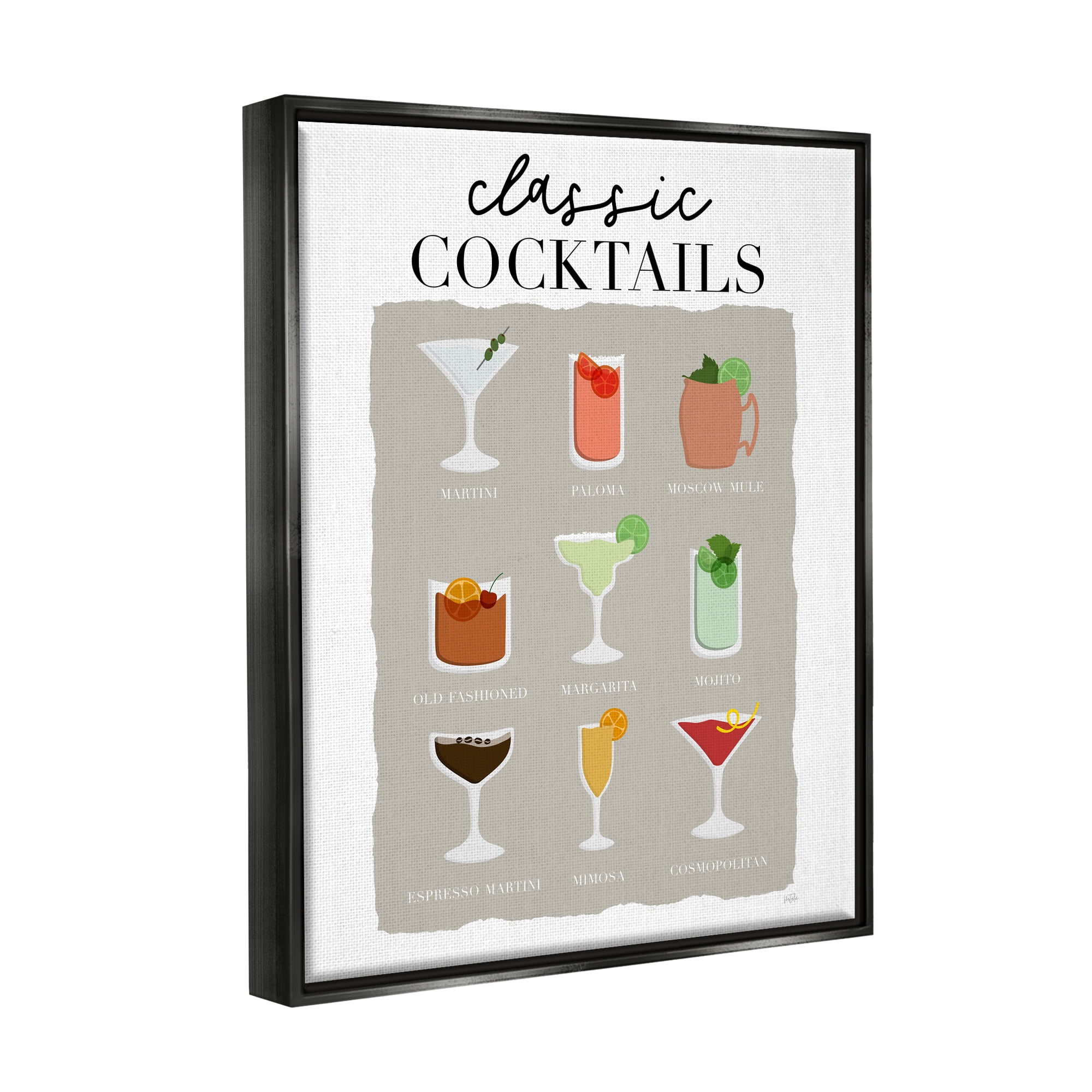 Stupell Industries Classic Cocktails Chart Food & Beverage Painting Black Floater Framed Canvas Art Print Wall Art, 17 x 21