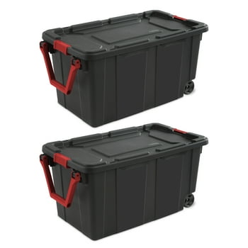 Sterilite Extra Large Storage Bin, 40 Gallon Wheeled Plastic Storage Container with Handle, Black, Pack of 2