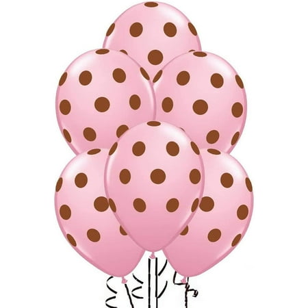 PMU Polka Dot Balloons Party-Tex 11in Premium Latex Pink with All-Over Print Brown Dots Pkg/12
