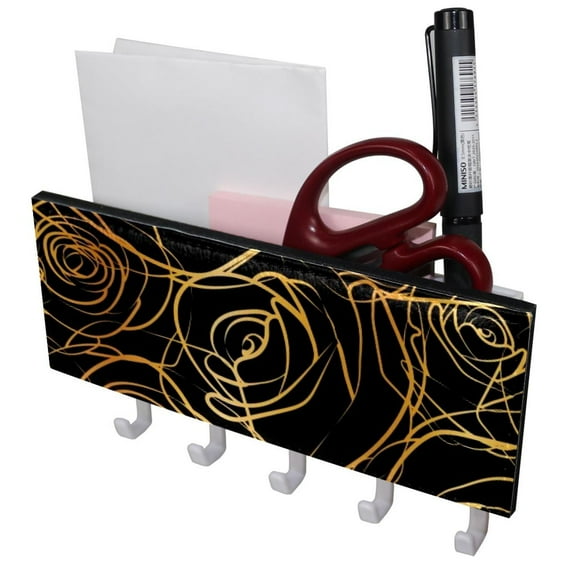 PhooArto Key Holder for Wall Decorative with 5 Key Hooks, Gold Roses Flower Silhouette Holders Wall Mount Organizer with Mail Key Rack, Self Adhesive