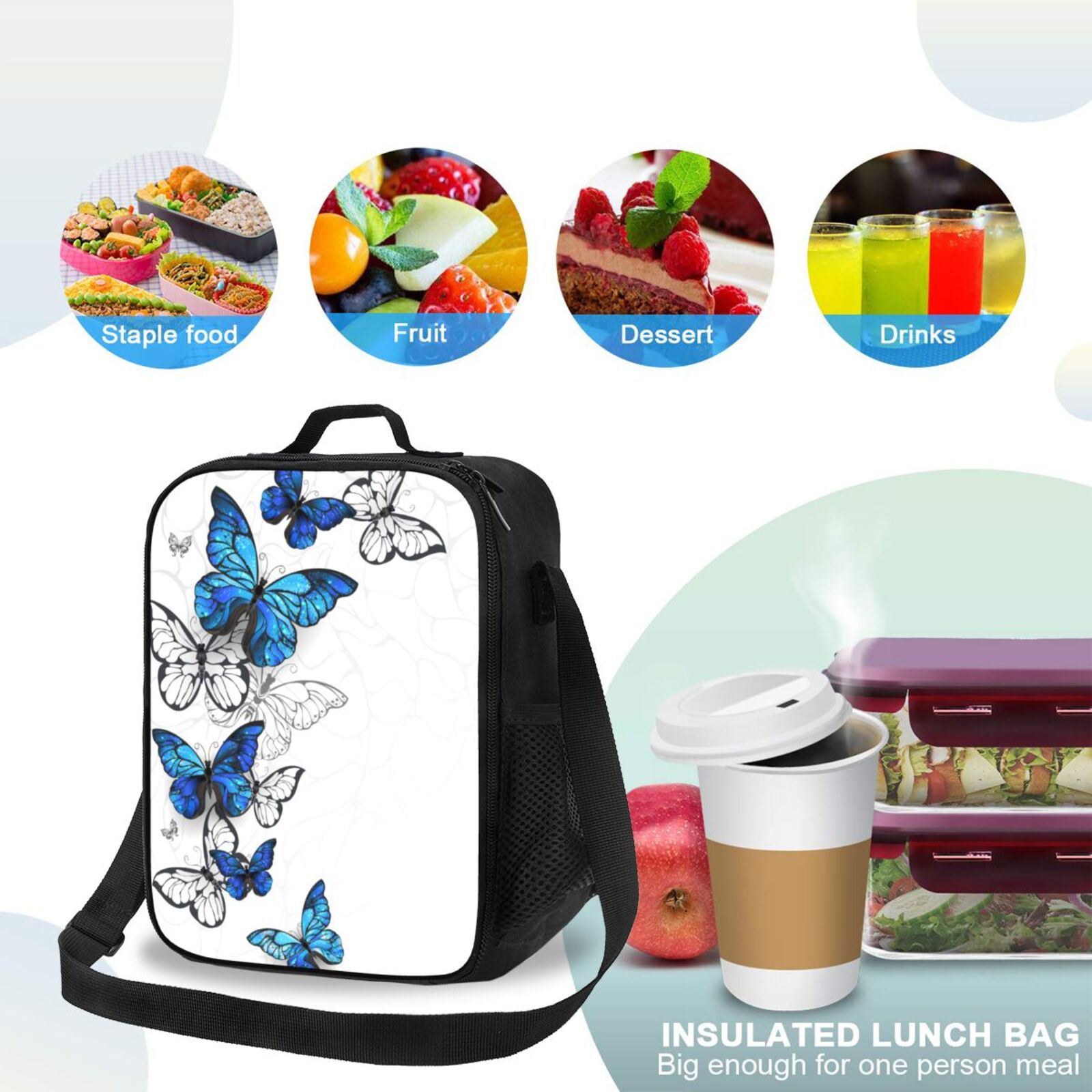 Defioc Blue Flying Butterflies Print Lunch Box for Men & Women, Insulated Lunch Bag Thickened Thermal Leakproof Lunch Tote Bag for Adult Office Travel Picnic