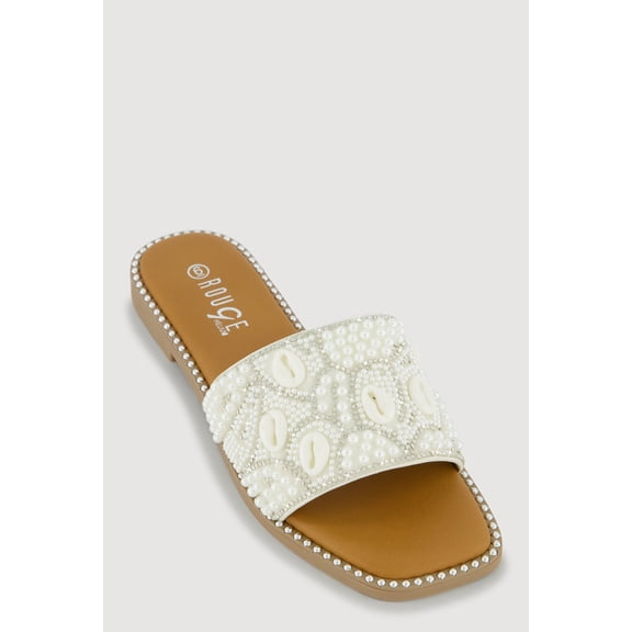 Women's Rhinestone Faux Pearl Cowrie Shell Slide Sandals