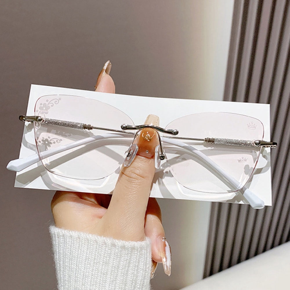 2 Pairs of Women Diamond Rimless Blue Light Blocking Reading Glasses 1.50 Gradient Pink Sunglasses Butterfly Silver Readers +1.50
