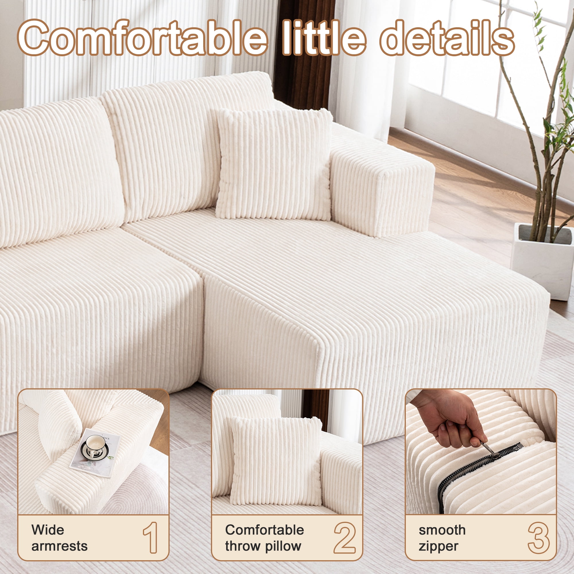 Noble House Frameless Modern Casual U-Shaped Sofa,Modular with Reclining Chair,White