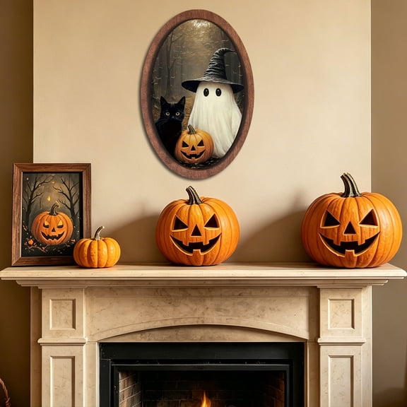 Halloween Wall Art Vintage Framed Wood Print for Home Decor, 12 x 8 Inch Halloween Ghost Picture for Living Room, Bedroom, Office and Halloween Party Decoration