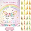 WERNNSAI Pin The Horn on The Unicorn Game - 20'' x 29'' Unicorn Party Game for Kids Girls with 24 PCs Horns Unicorn Birthday Party Supplies for Wall Home Room Decorations