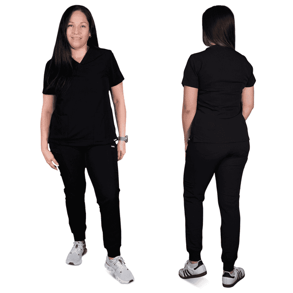 Scrubs for Women Set – Stretch V-Neck Scrub Top & Jogger Pants | Comfortable, Durable & Stylish Women’s Scrubs with Cargo Pockets for Work & Everyday Wear - Black-S