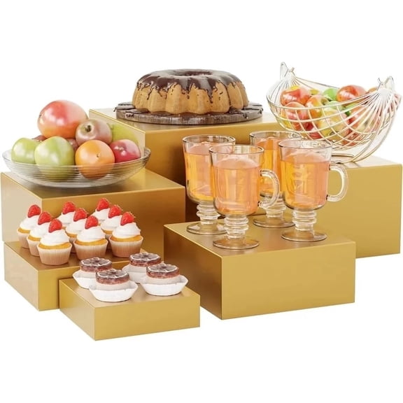 Gonice 6‑Pack Gold Metal Nesting Cube Buffet Risers, Hollow‑Bottom 5‑10 Inch Display Stands for Wedding, Party, Catering & Dessert Table