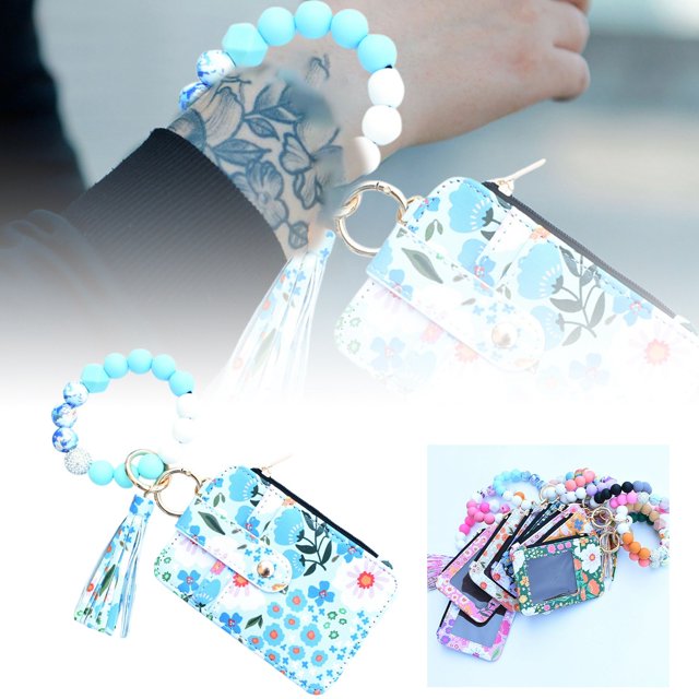 asddcavvf Silicone Bracelet Floral Folding Card Holder Printed Leather Wallet Keychain Includes Keyc