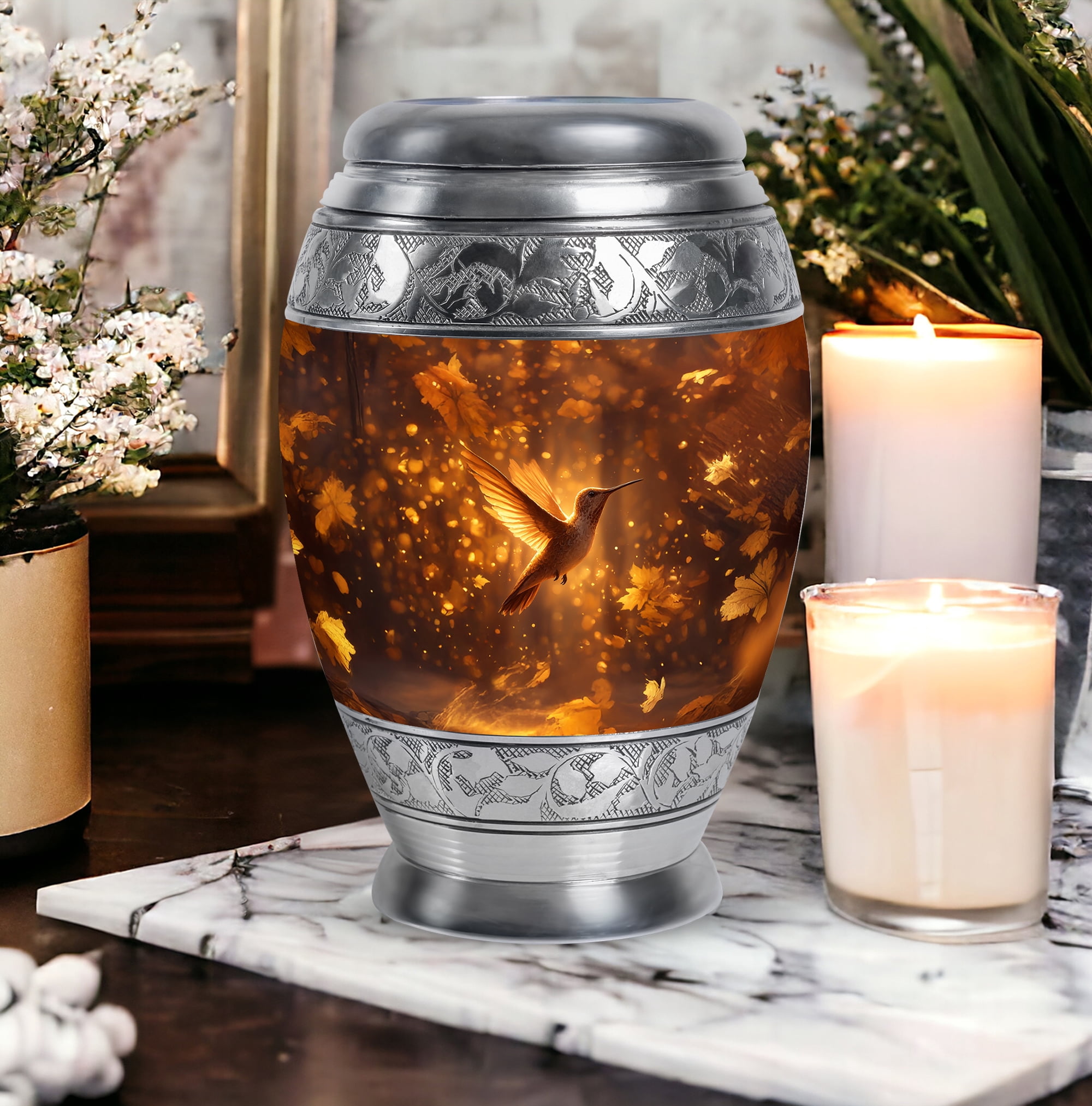 Humming Bird Large Decorative Urns For Human Ashes Adult Woman, Burial Urn For Uncle And Aunty, Funeral Urn For Grandmother, Brown Cremation Urns For Human Ashes, 10 Inch