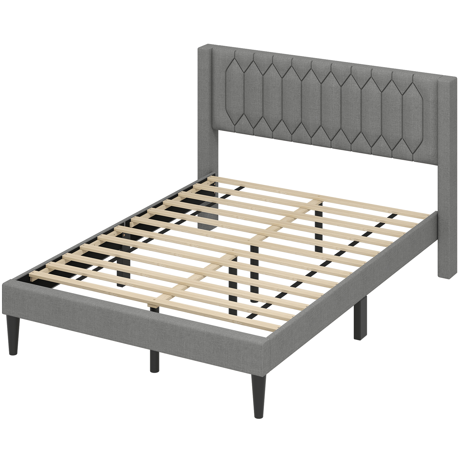 Gymax Queen Size Bed Frame Linen Fabric Upholstered Platform Bed w/Wingback Headboard Gray