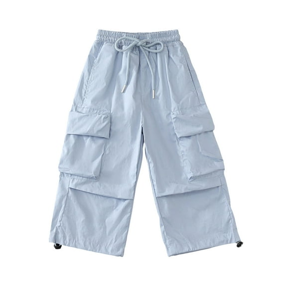 ZACPNCV Girls Cargo Pants with Elastic Waistband Drawstring Kids Casual Activewear with Pockets Blue 6-7 Years