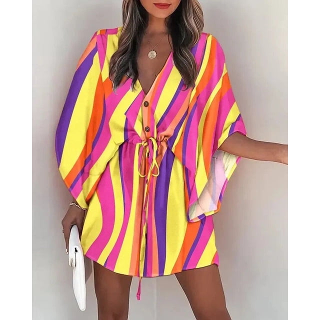 HKEDES Women's Abstract Geo Surplice Loose Leg Romper, Mini Short Flying sleeve, Jumpsu